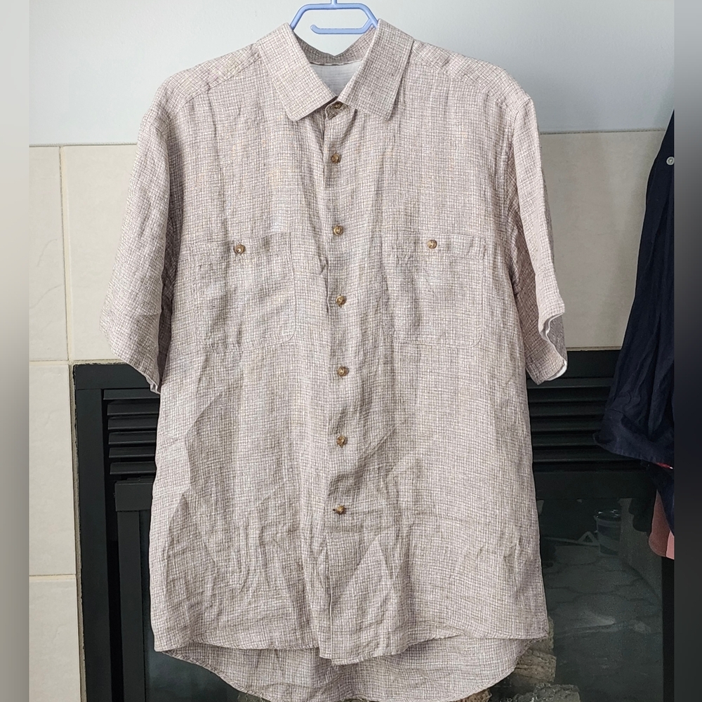 100% Linen Men's Light Brown Button-Up Shirt, Men's Short Sleeve Top, Size Large